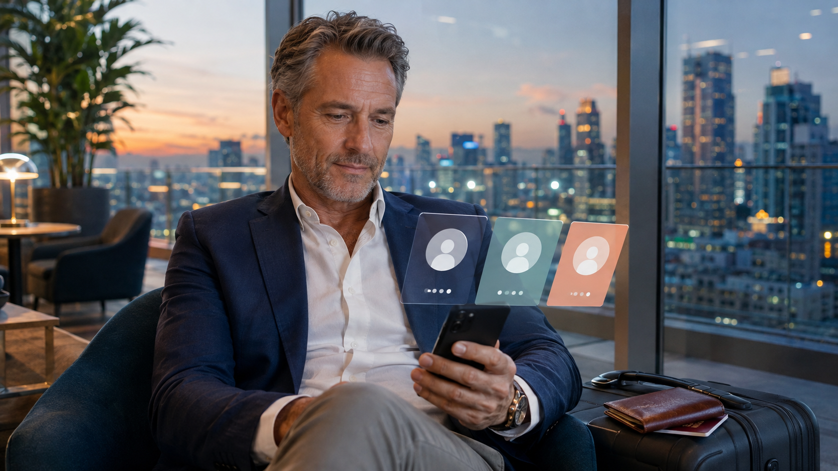 Ein Thailand-Reisender vergleicht auf seinem Smartphone verschiedene Dating-Apps vor der Skyline von Bangkok.