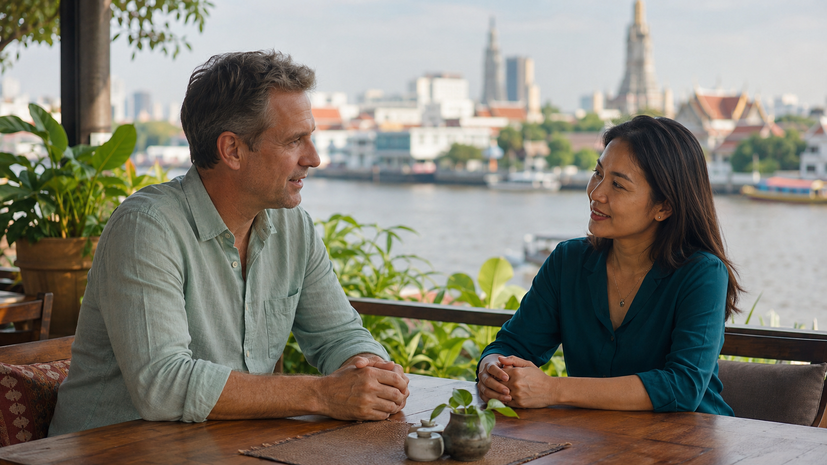 Ein europäischer Mann und eine thailändische Frau führen in einem ruhigen Café in Bangkok ein respektvolles Gespräch.