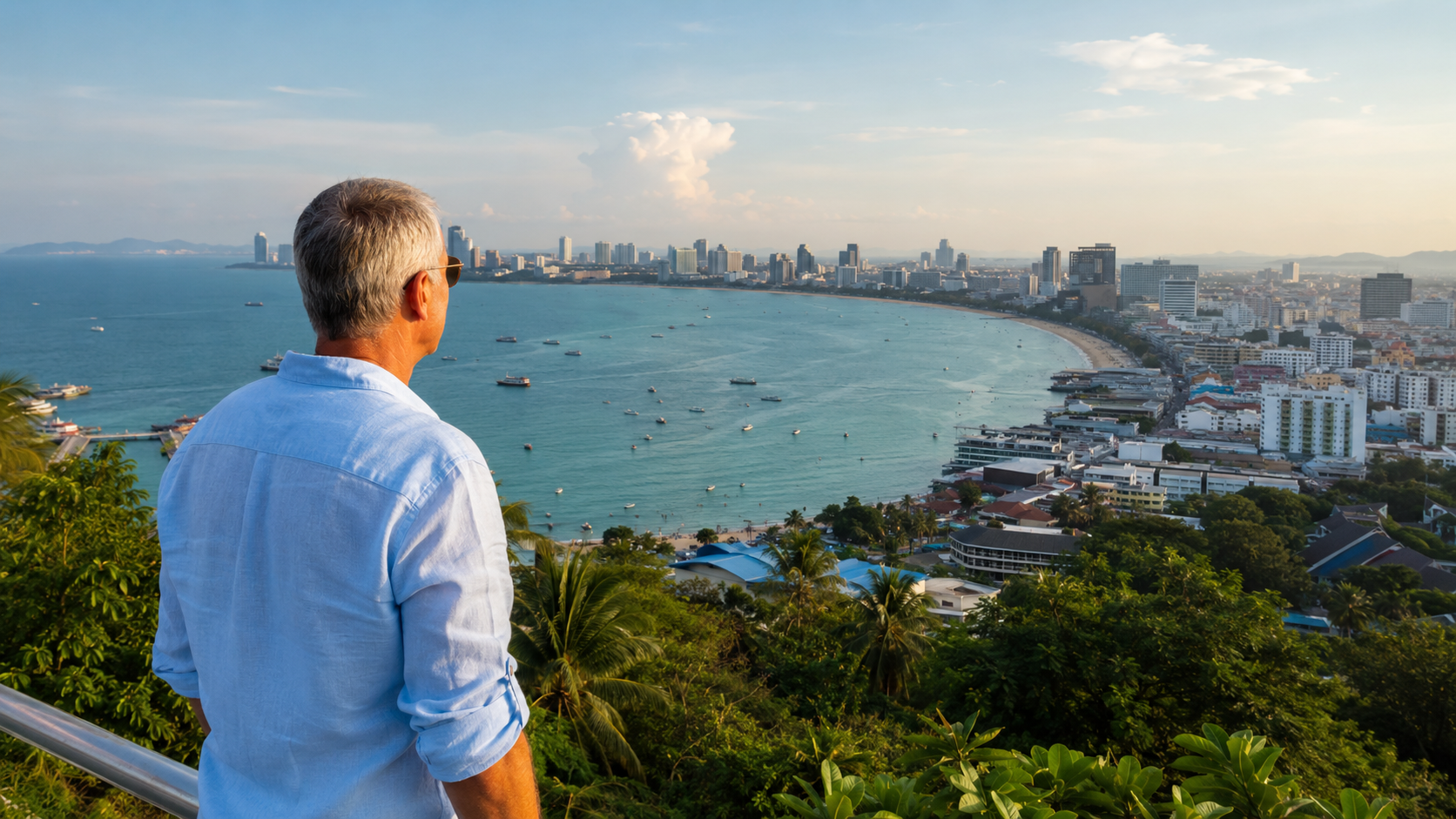 Ein europäischer Mann um die 55 blickt von einem Aussichtspunkt über die geschwungene Bucht und das Stadtpanorama von Pattaya.