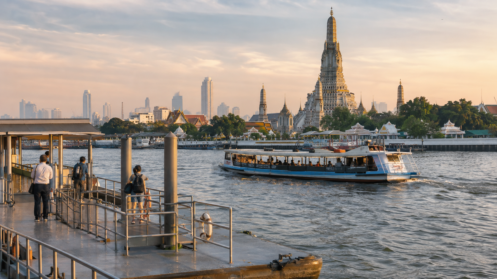 Flussboot auf dem Chao Phraya vor Wat Arun und der Skyline von Bangkok am frühen Morgen.