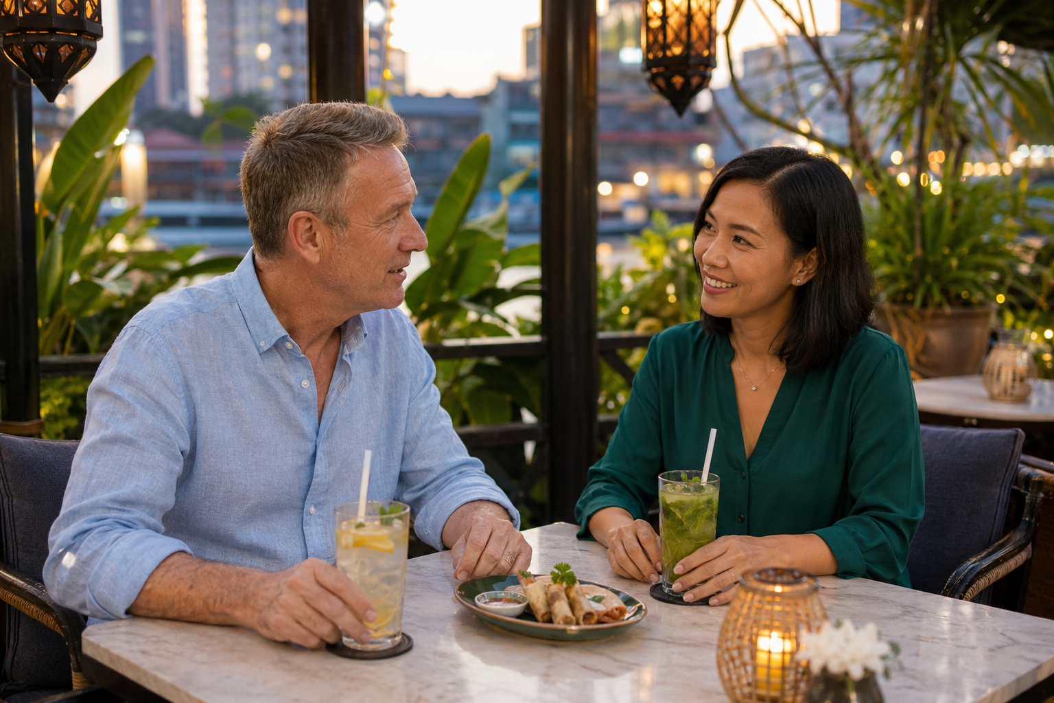 Erstes Date in Thailand Europäischer Mann und thailändische Frau in einem Café in Bangkok