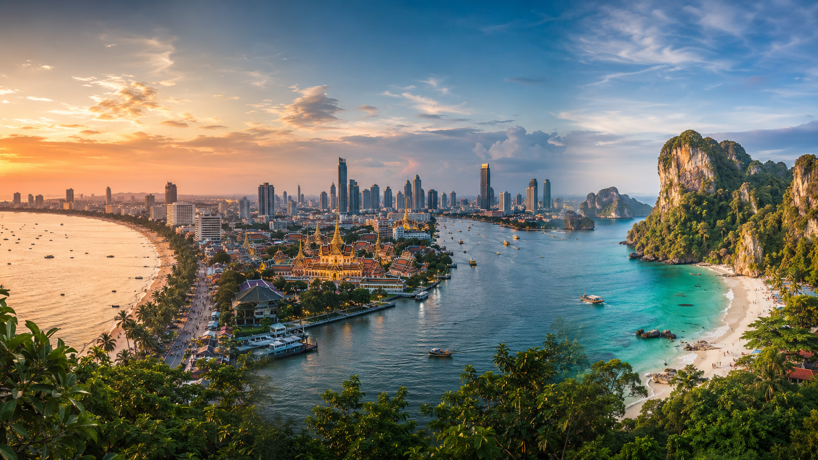 Panorama-Vergleich von Pattaya, Bangkok und Phuket mit Stadt, Tempel und tropischem Strand.