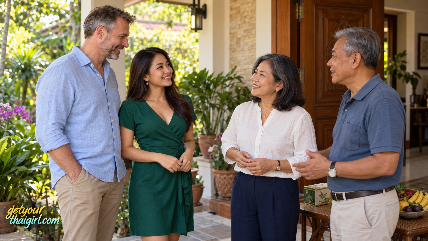 Ein älterer europäischer Mann und seine jüngere erwachsene Thai-Partnerin sprechen freundlich mit ihren Eltern vor einem Wohnhaus.