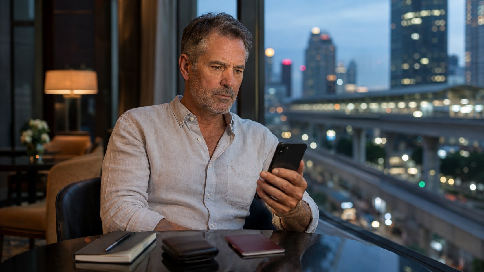 Nachdenklicher Thailand-Reisender prüft eine verdächtige Dating-Nachricht auf seinem Smartphone.