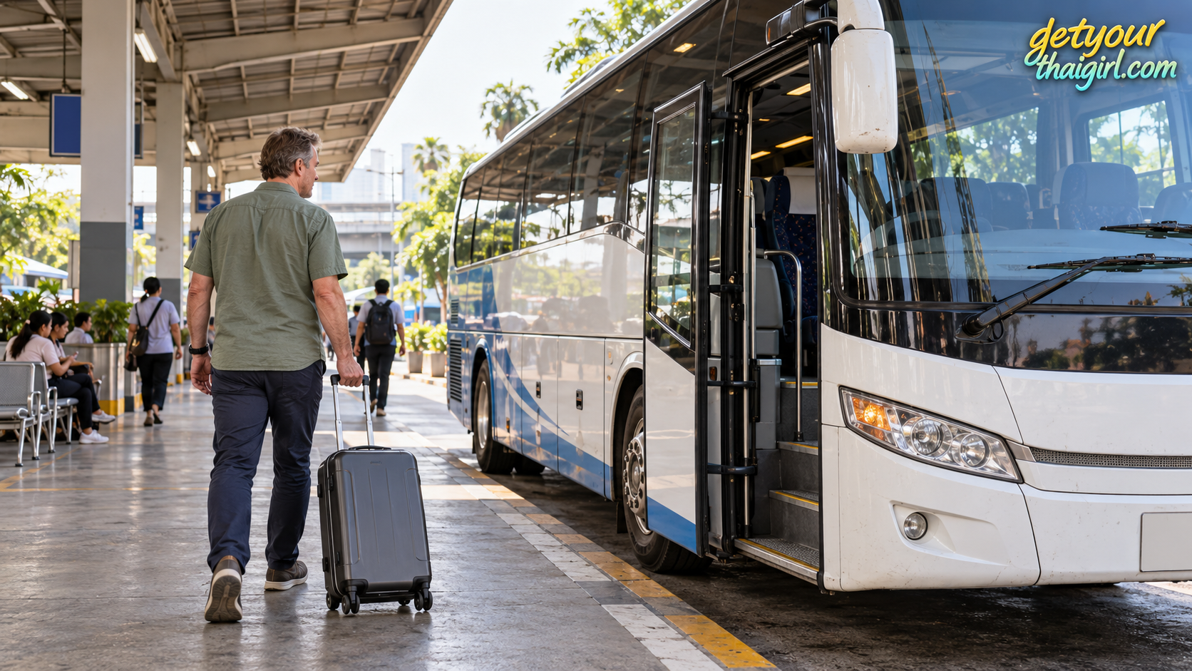 Illustration eines alleinreisenden Mannes mit Rollkoffer auf einem überdachten Bussteig neben einem Reisebus in Thailand.