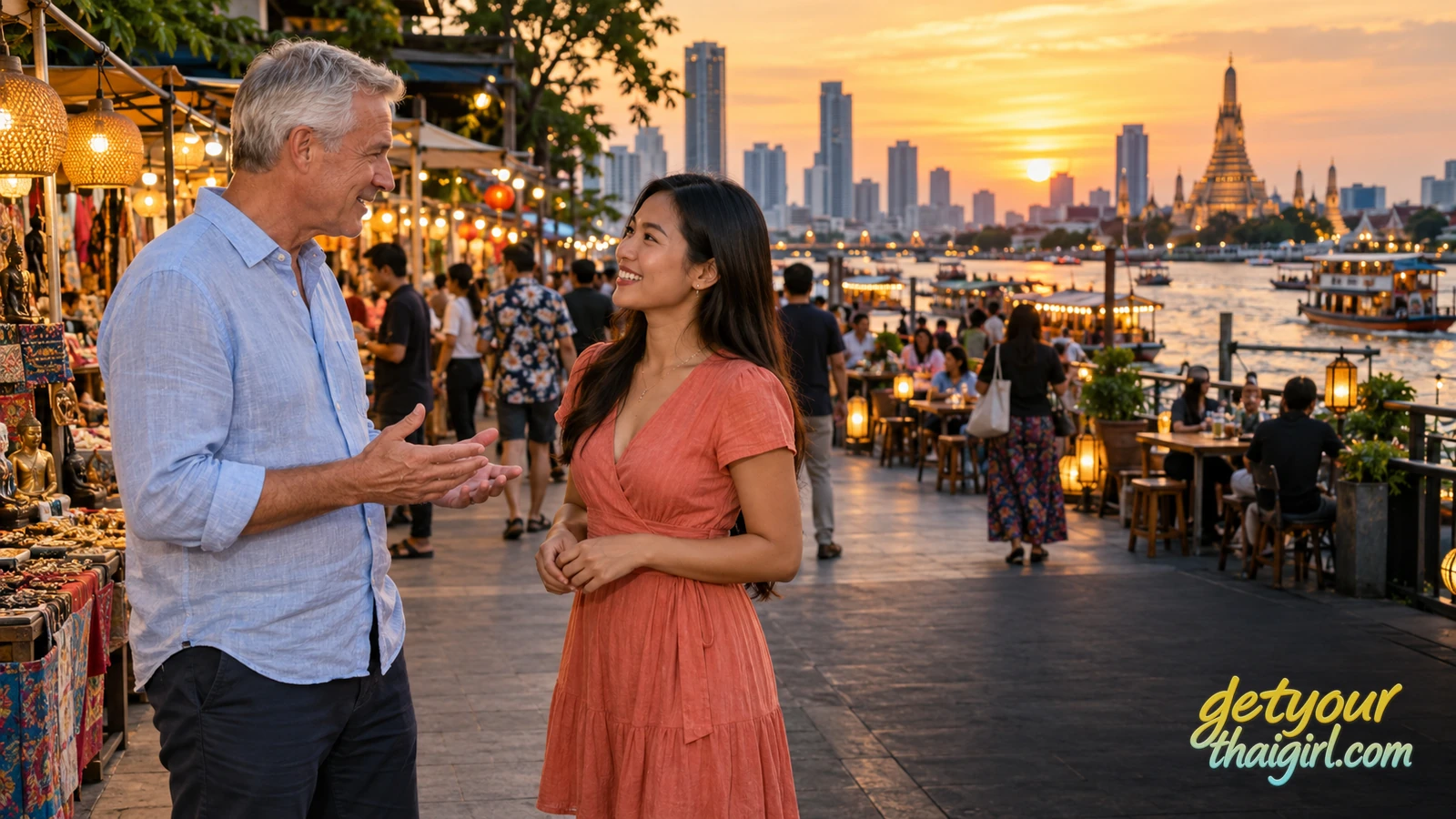 ein respektvolles Gesprächs zwischen einem älteren europäischen Mann und einer jüngeren erwachsenen Thai-Frau bei einer belebten Veranstaltung in Bangkok