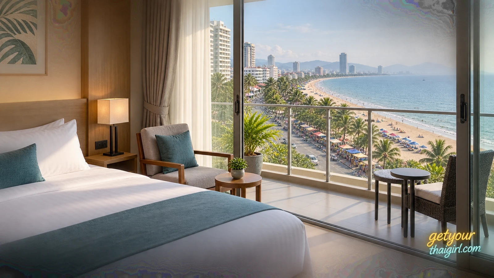 Visualisierung eines hellen Hotelzimmers mit Balkonblick auf eine belebte Strandpromenade bei Jomtien.