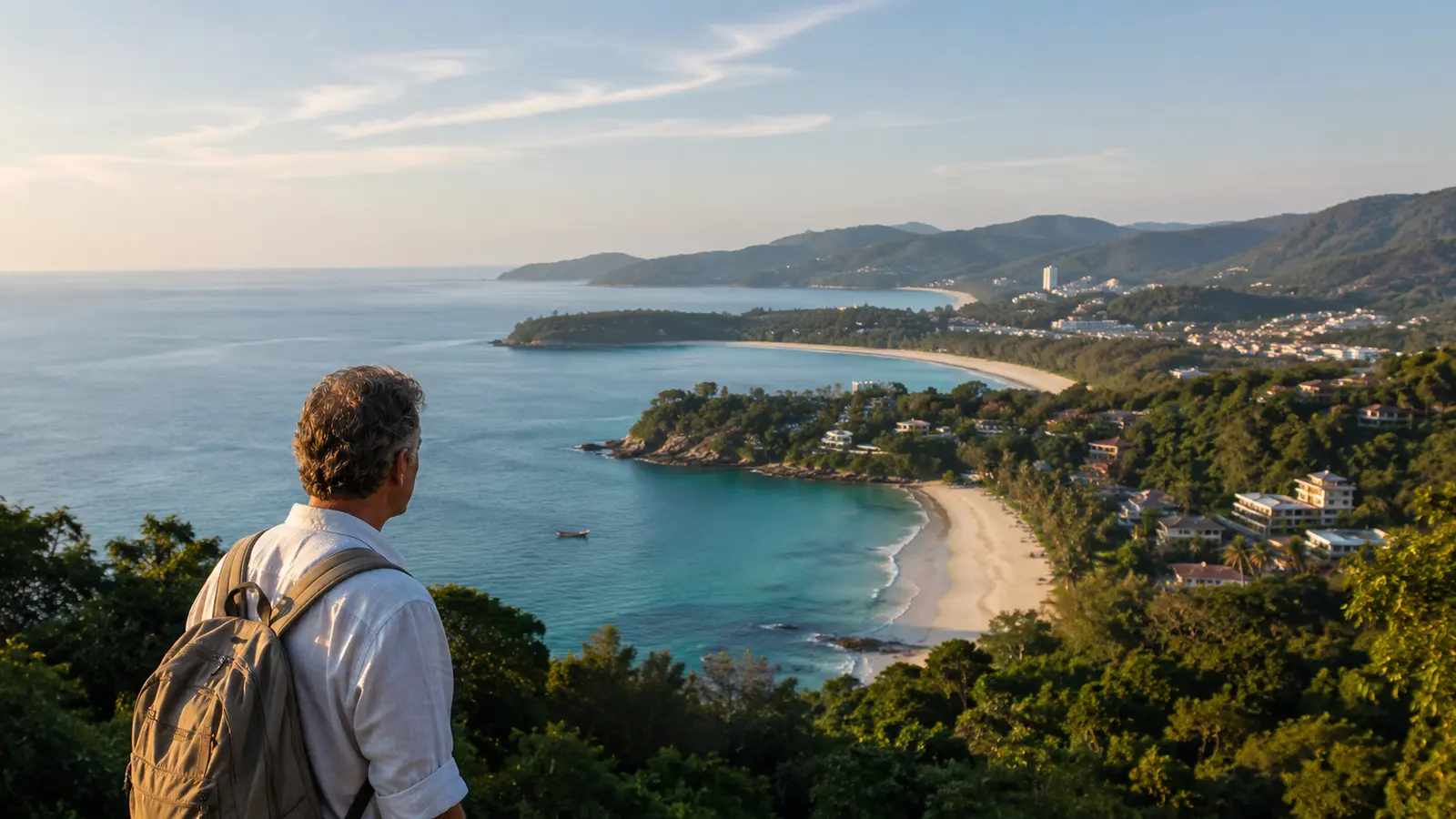 Alleinreisender blickt von einem Aussichtspunkt auf die Buchten und Strände von Phuket.